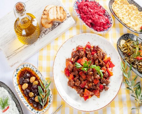 Colorful plate variety filled with Greek traditional seasonal ingredients